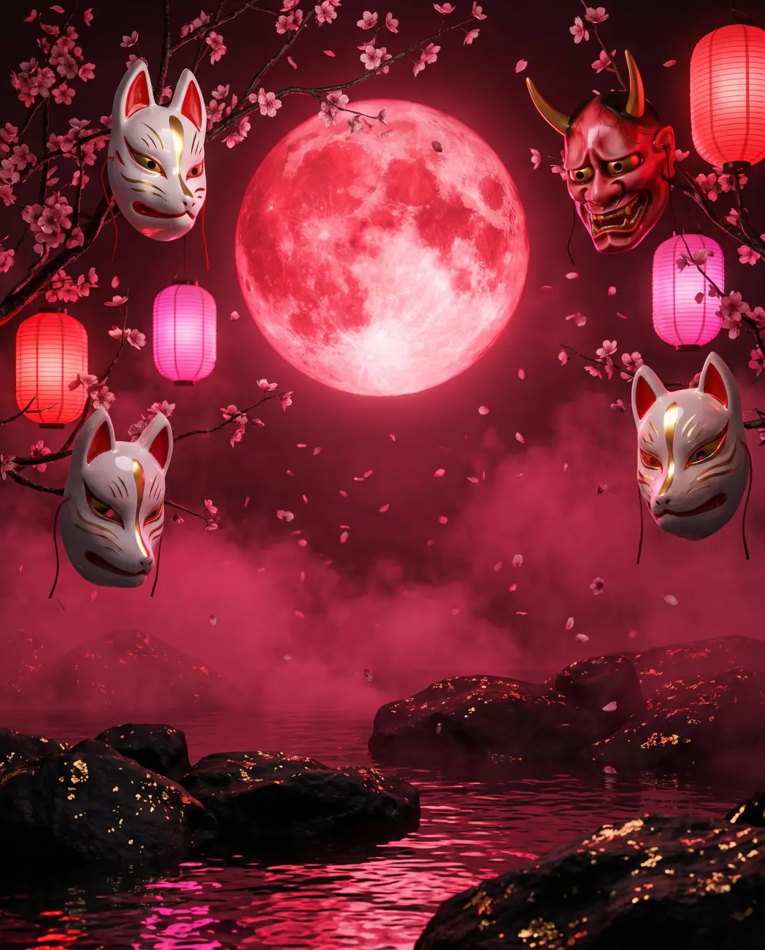 Kitsune- und Oni-Masken zwischen Laternen und Kirschblüten