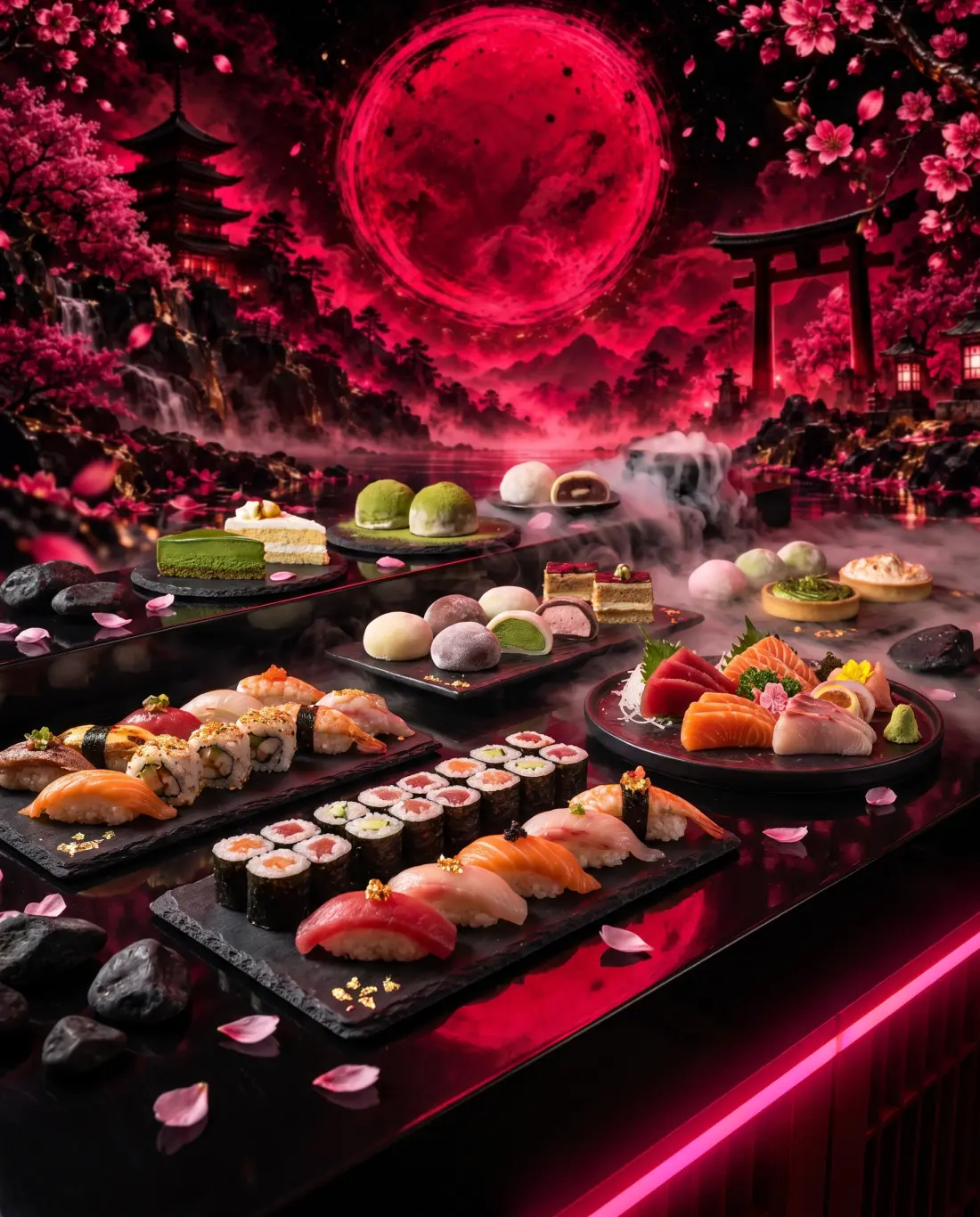 Sushi- und Dessert-Buffet mit Nigiri, Maki und Mochi unter Kirschblüten